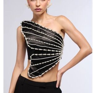 AKIRA Black One-Shoulder Top with Pearl Detailing